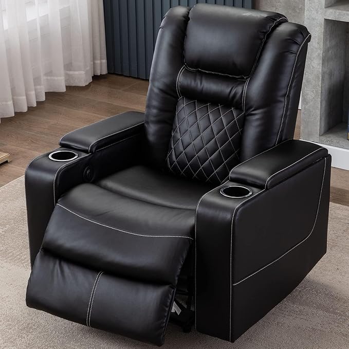 CANMOV Electric Power Recliner Chair Set of 3, Breathable Leather Home Theater Seating with Hidden Arm Storage, Power Recliner Chair with USB Ports and Cup Holders for Living Room,Black