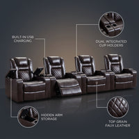 36.22" W Luxury Individual Seat Top Faux Leather Home Theater Seat Recliners Quadruple Seat with USB & Dual Cup Holders & Arm Storage (Set of 4) — infographic