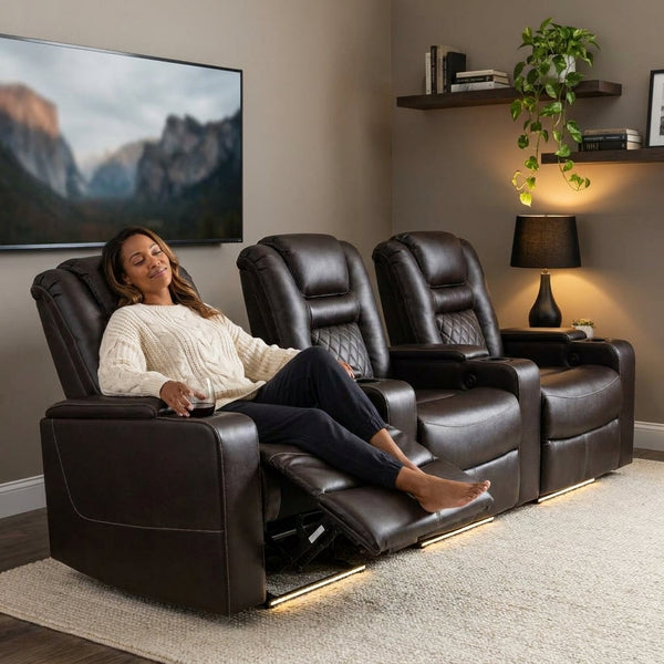 Home Theater Recliners Built for Ultimate Comfort, Faux Leather Upholstery, USB Charging Ports, Set of 4