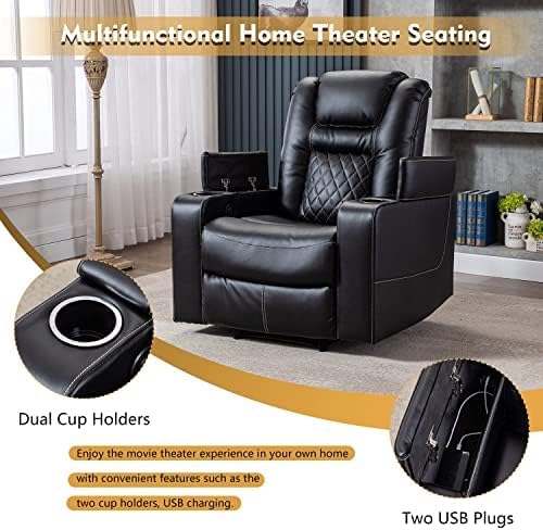 CANMOV Electric Power Recliner Chair Set of 3, Breathable Leather Home Theater Seating with Hidden Arm Storage, Power Recliner Chair with USB Ports and Cup Holders for Living Room,Black