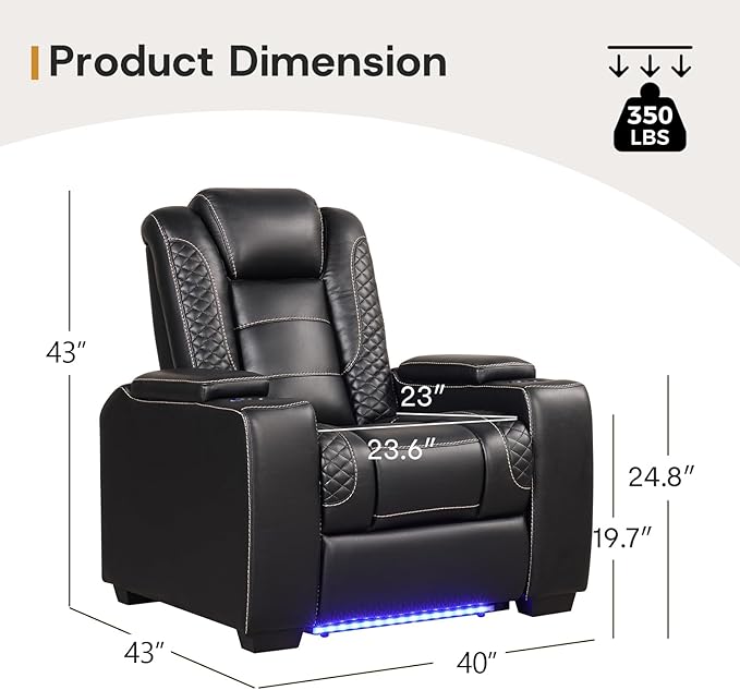 ANJ Power Theater Recliners Set of 3, Electric Home Theater Seating, Black Faux Leather Recliner with Adjustable Headrest, Movie Recliner Theater Chairs with LED,USB, Cup Holders, Hidden Arm Storage