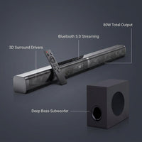 80W TV Soundbar 2.1 Bluetooth Speaker 5.0 Home Theater System 3D Surround Sound Bar Remote Control with Subwoofer for TV — infographic