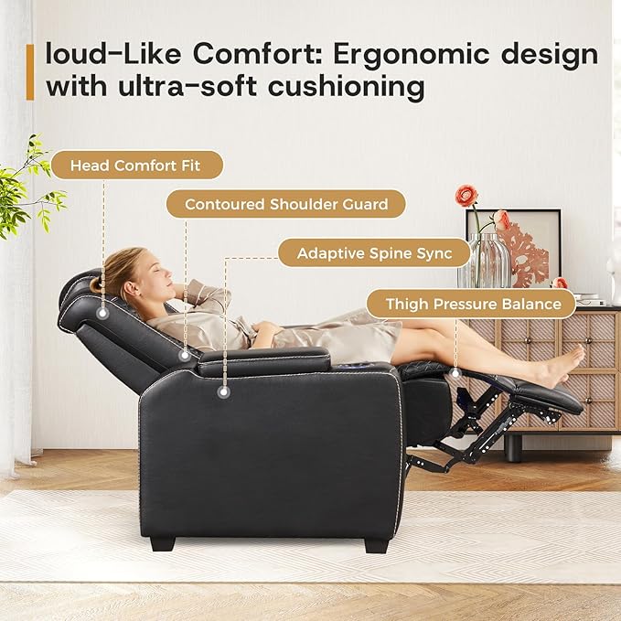 ANJ Power Theater Recliners Set of 3, Electric Home Theater Seating, Black Faux Leather Recliner with Adjustable Headrest, Movie Recliner Theater Chairs with LED,USB, Cup Holders, Hidden Arm Storage
