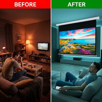 Projector Screen Motorized Auto Pull down Screens(110'' 16:9 White) | Electric Automatic Wall Ceiling Retractable Movie Screen for Office Classroom Indoor with Remotes 4K HD 3D — Before & After