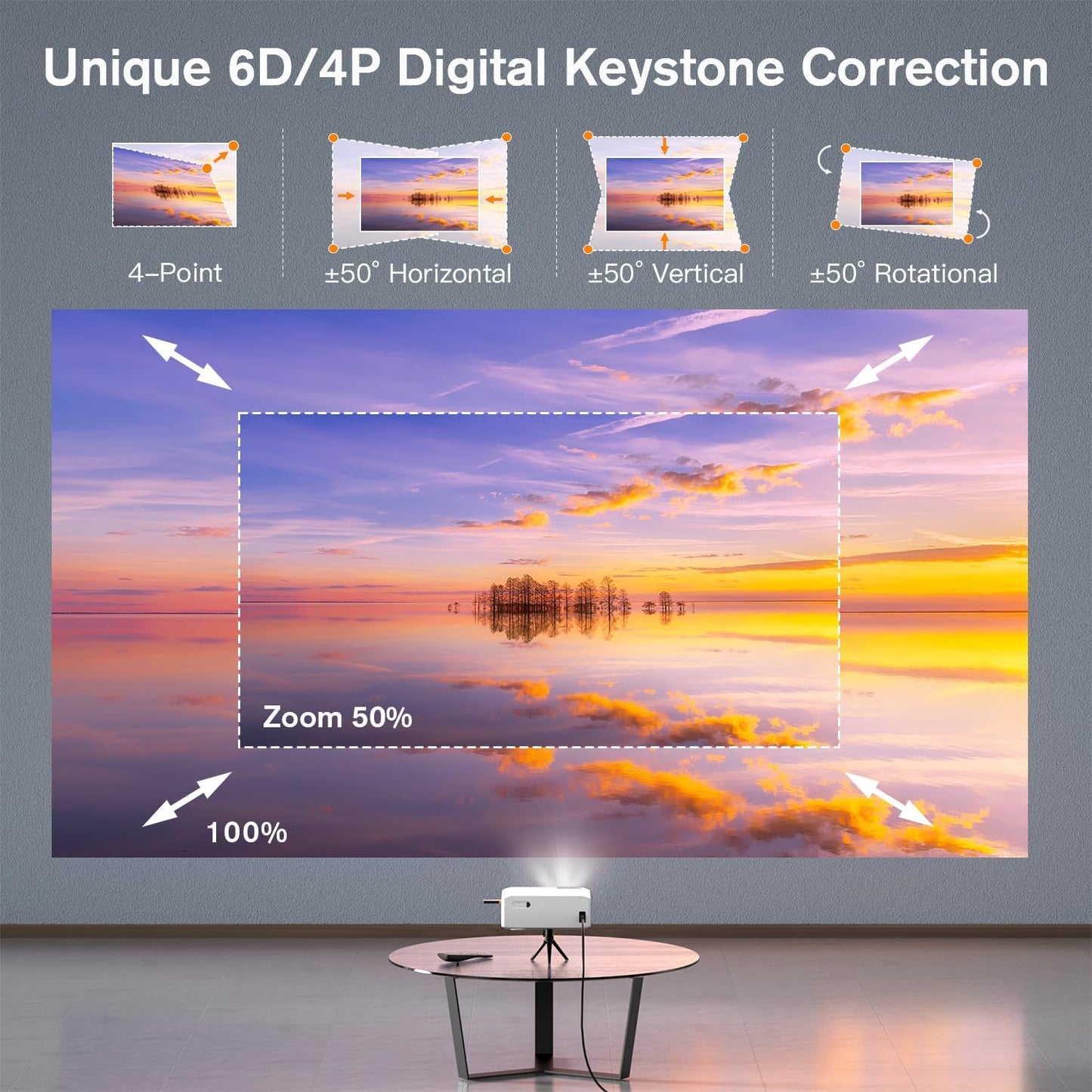 3000ANSI 4K Outdoor Projector with Wifi and Bluetooth, 6D/4P Keystone, 50% Zoom, 300" Movie Projector for Laptop/Hdmi/Usb/Tv Box/Android/Ios