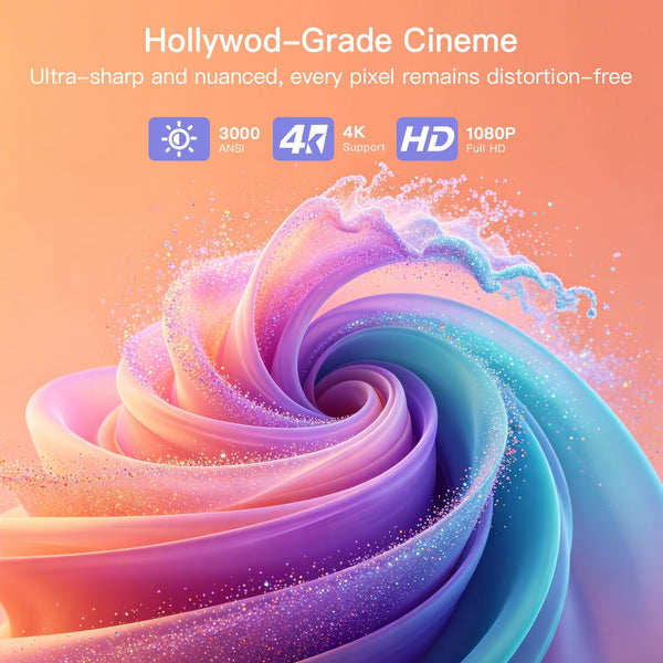 3000ANSI 4K Outdoor Projector with Wifi and Bluetooth, 6D/4P Keystone, 50% Zoom, 300" Movie Projector for Laptop/Hdmi/Usb/Tv Box/Android/Ios